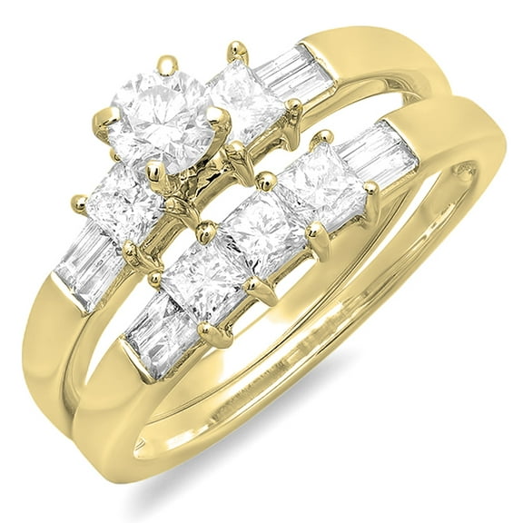 Dazzlingrock Collection 1.00 Carat (ctw) 14K Round, Princess & Baguette Diamond Engagement Ring Set 1 CT, Yellow Gold, Size 9.5