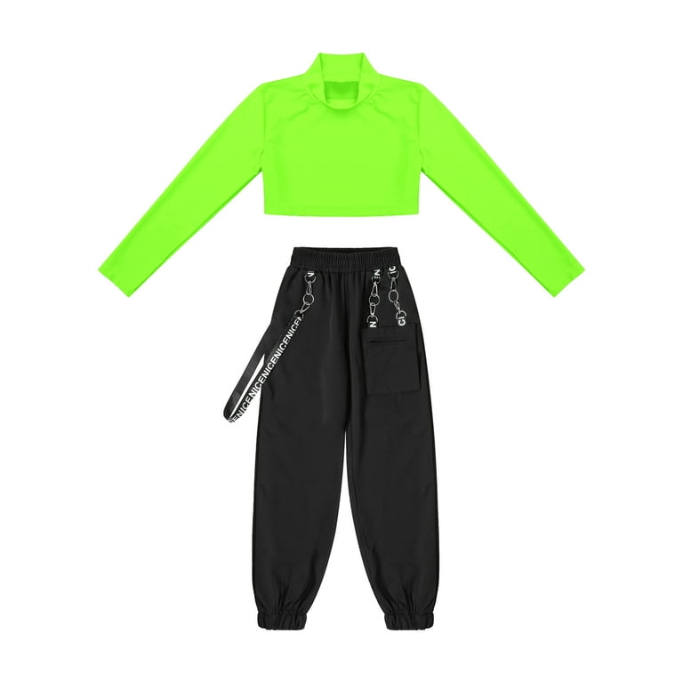 YIZYIF Girls Solid Color Long Sleeve Cropped T-Shirt with Sweatpants Dance  Suit Outfit Hip Hop Dance Costume