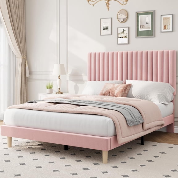 Full Bed Frame with Adjustable Headboard, Velvet Upholstered Platform Bed Frame Full Size, Strong Wooden Slats, No Box Spring Needed, Easy Assembly, Pink