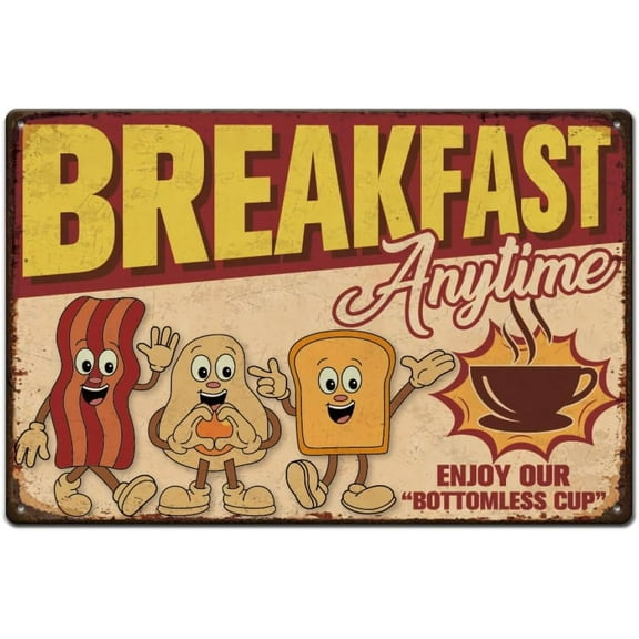 Breakfast Anytime Metal Tin Sign Funny Breakfast Coffee Diner Tin Signs Retro Metal Poster for Home Kitchen Restaurants Cafes Bars Pub Man Cave Wall Decor Plaque Sign