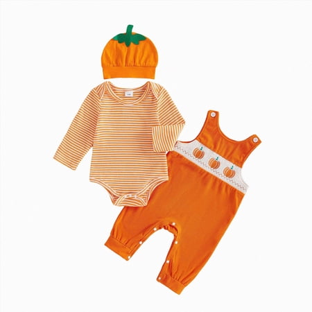 UAYOTSE Infant 3 Piece Halloween Outfit Striped Bodysuit Pumpkin Overalls Hat Baby Holiday Set Size 6-9 Months