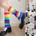 thumbnail image 4 of OOKWE Women Student Knit Leg Warmers Crochet Ribbed Rainbow Striped Lolita Boot Socks, 4 of 13