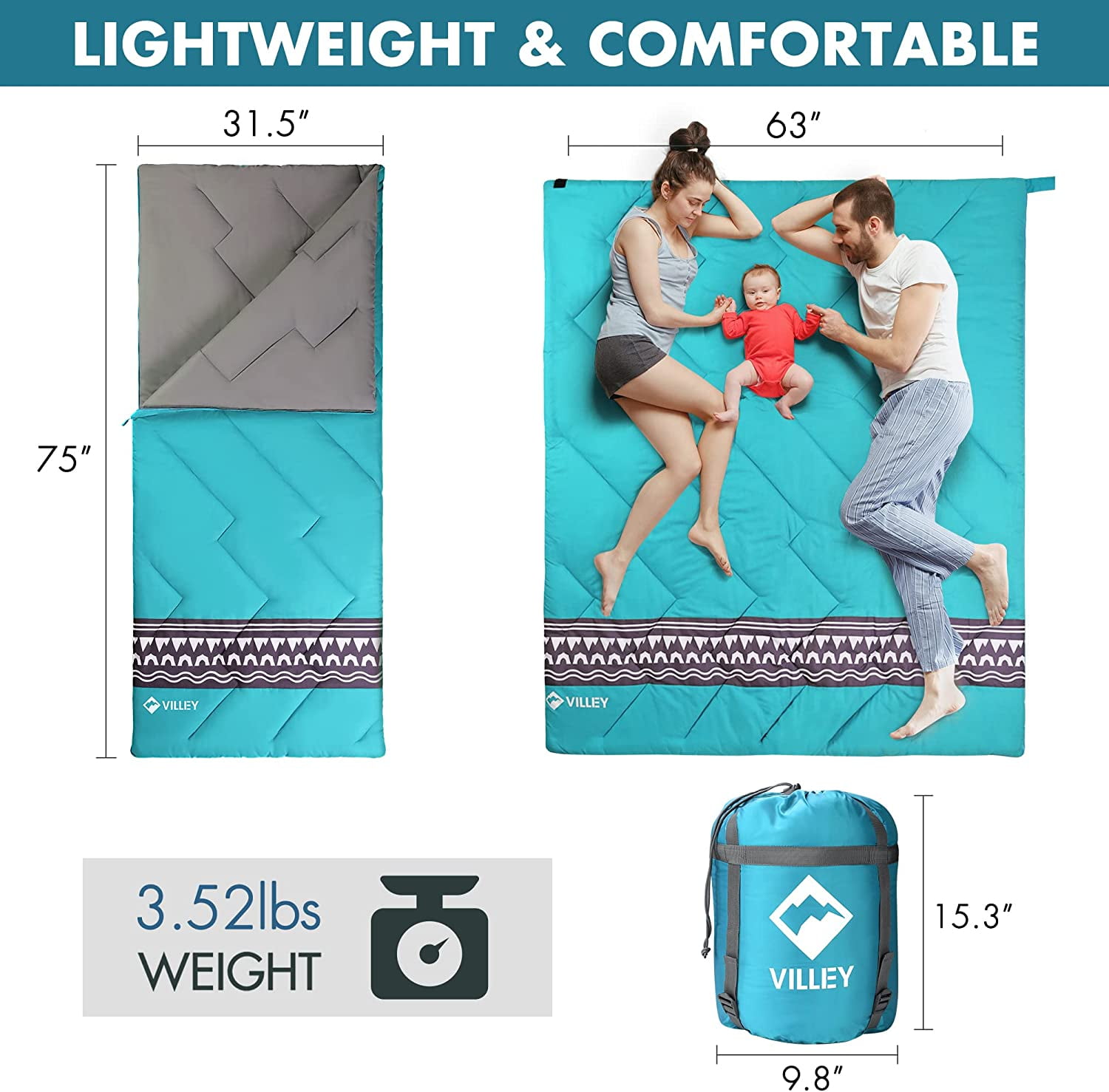 VILLEY Camping Sleeping Bag, Lightweight Backpacking Sleeping Bag with Compression Sack for Adults & Kids, Outdoor Camping Hiking Equipment for 3 Season Warm & Cool Weather - Summer, Spring, Fall