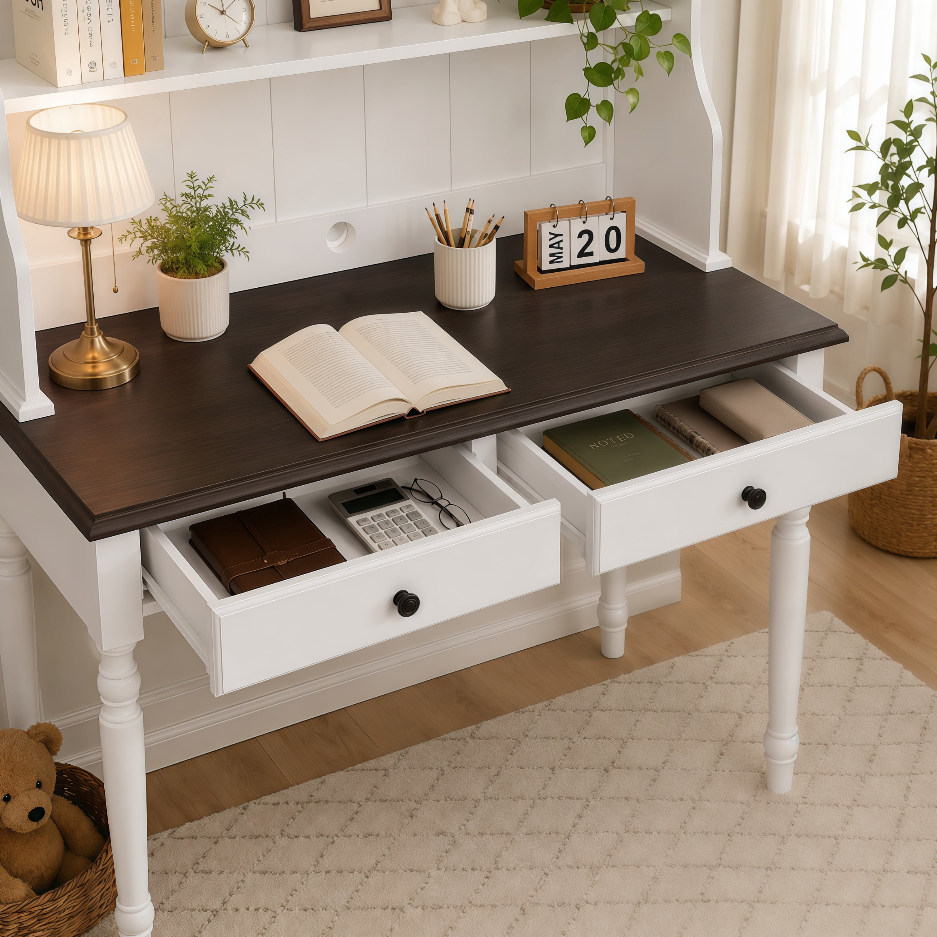 Euroco Mid-Century Computer Desk with Hutch and 2 Drawers, Wood Writing Desk Dressing Table,Study Workstation Table for Home Office Bedroom,Small Space,White