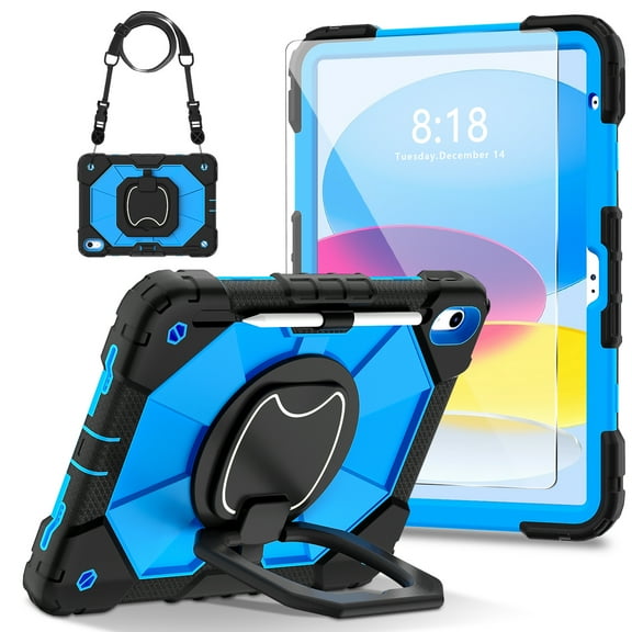 ShieldPlus for iPad 10th Generation Case with Screen Protector Soft TPU Film,Rotating Stand Handle Grip Pencil Holder Shoulder Strap Full Body Protection Rugged Cover for iPad 10.9" 2022,Black   Blue