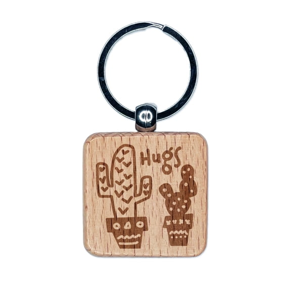 Cactus Hugs Doodle Square Keychain Charm Tag - Engraved Wood