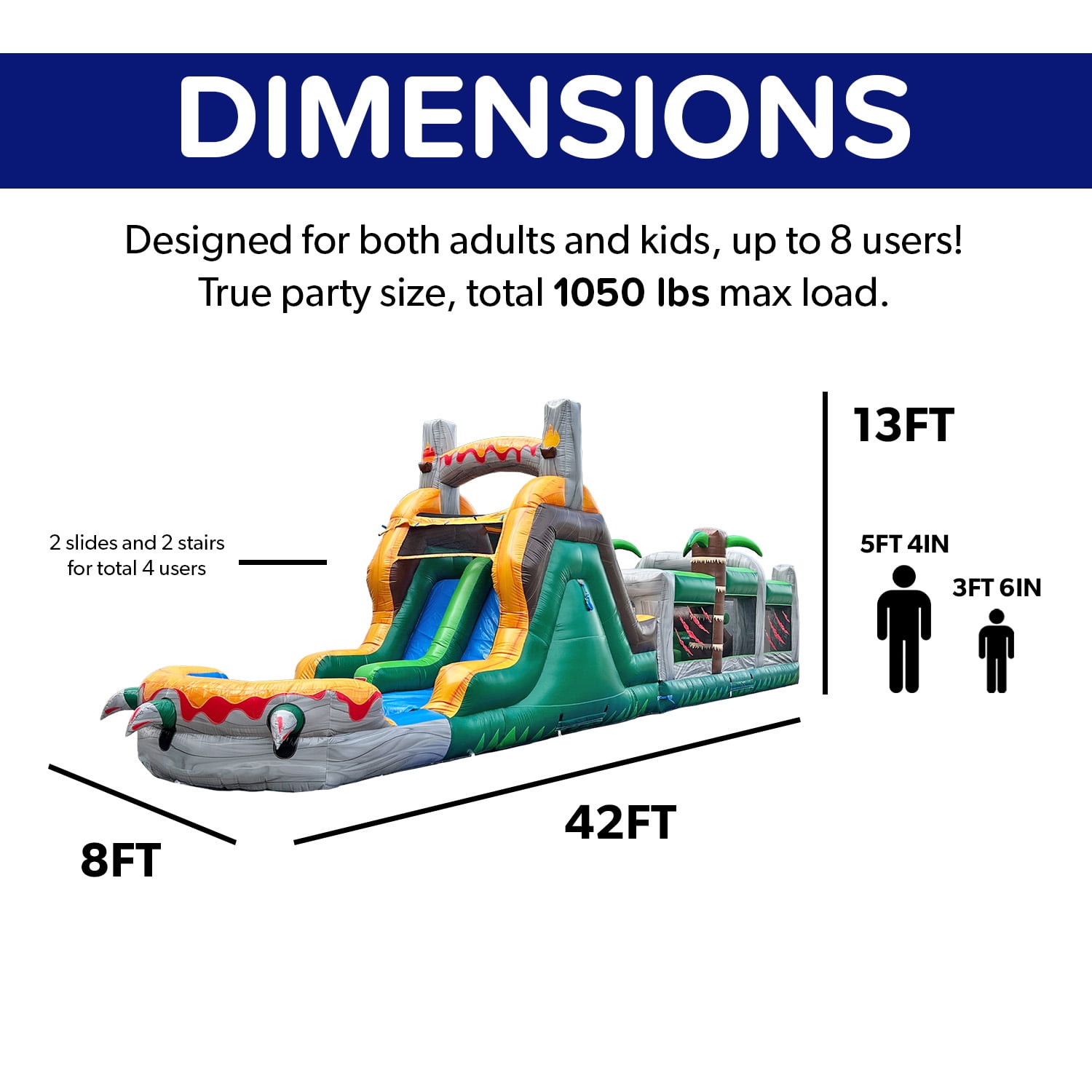 HeroKiddo T-Rex Dinosaur 42’ Inflatable Obstacle Course with Water Slide