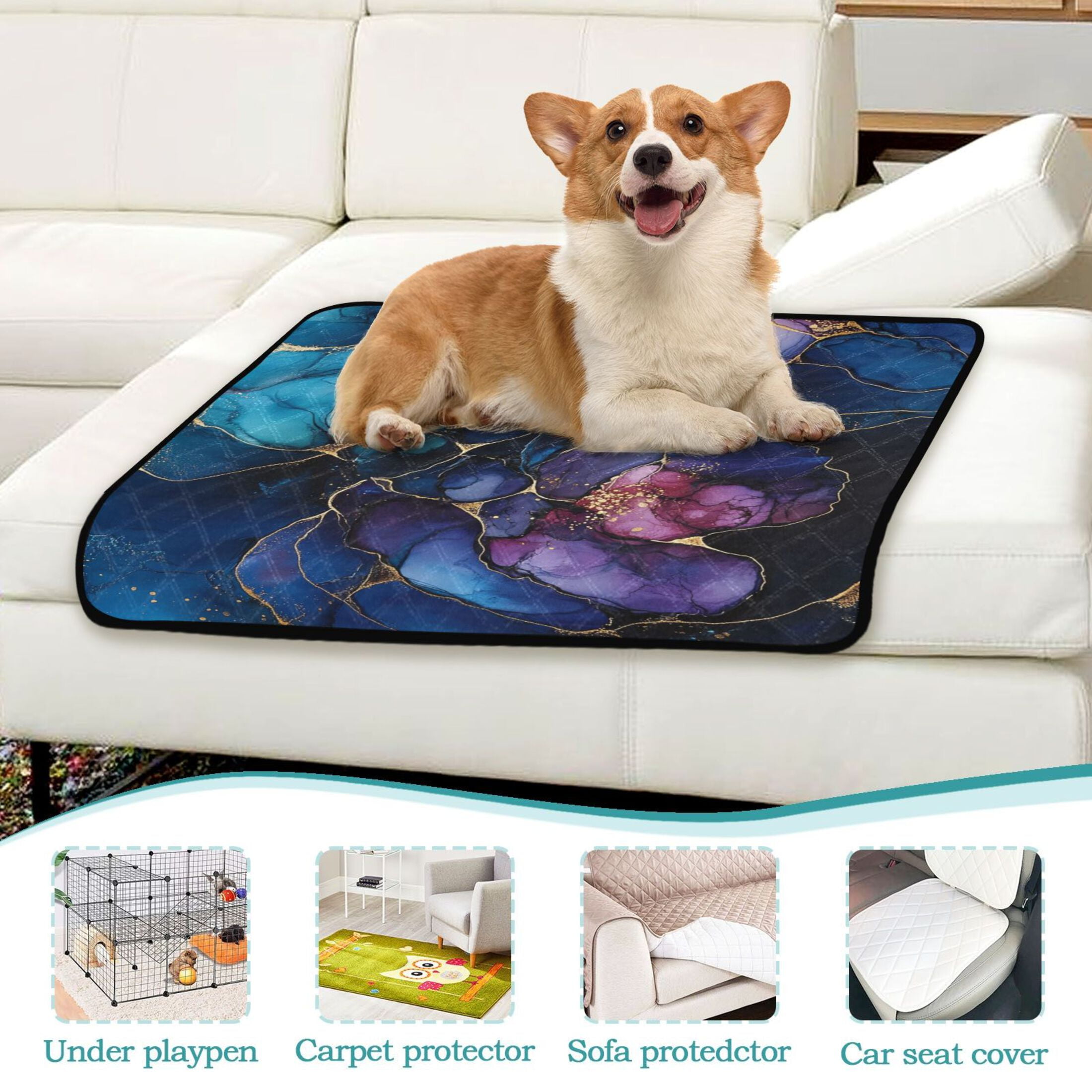 Qxltty Gilt Blue Marbles Cat litter Pads Pet Set of 2 Diaper Mats Center Anti-leakage Layer Absorbent Soft and Comfortable