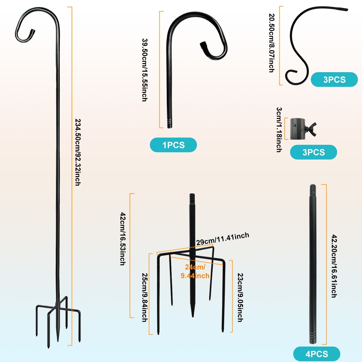 92 Inch Shepherds Hooks for Outdoor, Bird Feeder Poles with 4 Hooks, Shepherds Hook for Bird Feeders Outside with Base, Garden Pole for Hanging Plant Baskets, Weddings Decor