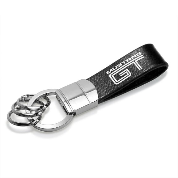 Ford Mustang GT Black Real Leather Strap Chrome Round Hook Metal Key Chain