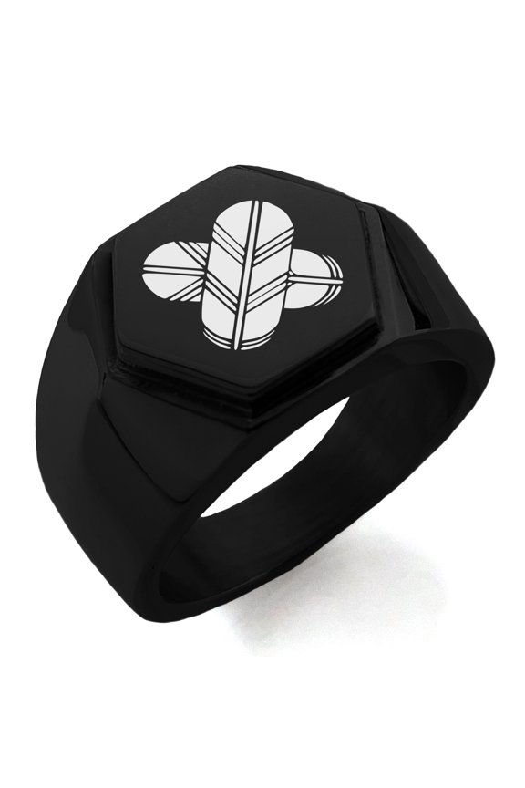 Stainless Steel Aso Samurai Crest Engraved Hexagon Crest Flat Top Biker Style Polished Ring
