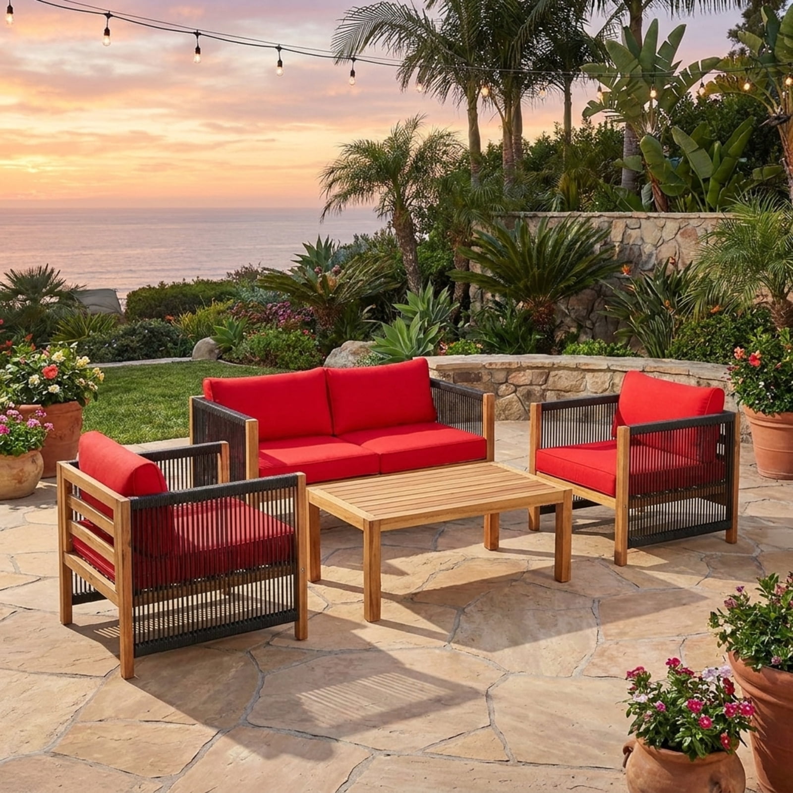 Furnibear 4 Piece Outdoor Patio Furniture Set Acacia Wood Conversation Set with Cushioned Loveseat Chairs and Coffee Table for Backyard, Red