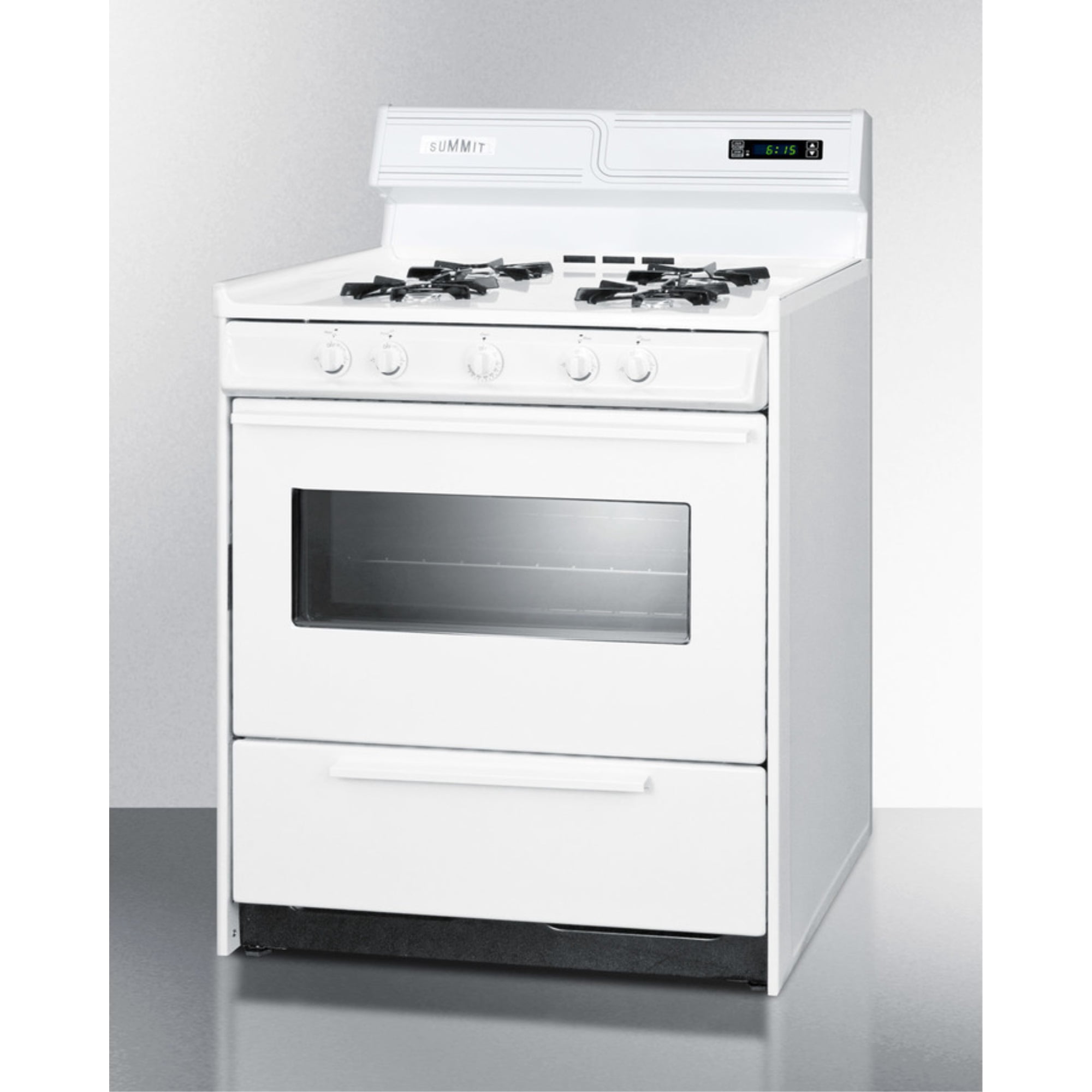 30" wide gas range in white with open burners, oven window, high backguard, and spark ignition
