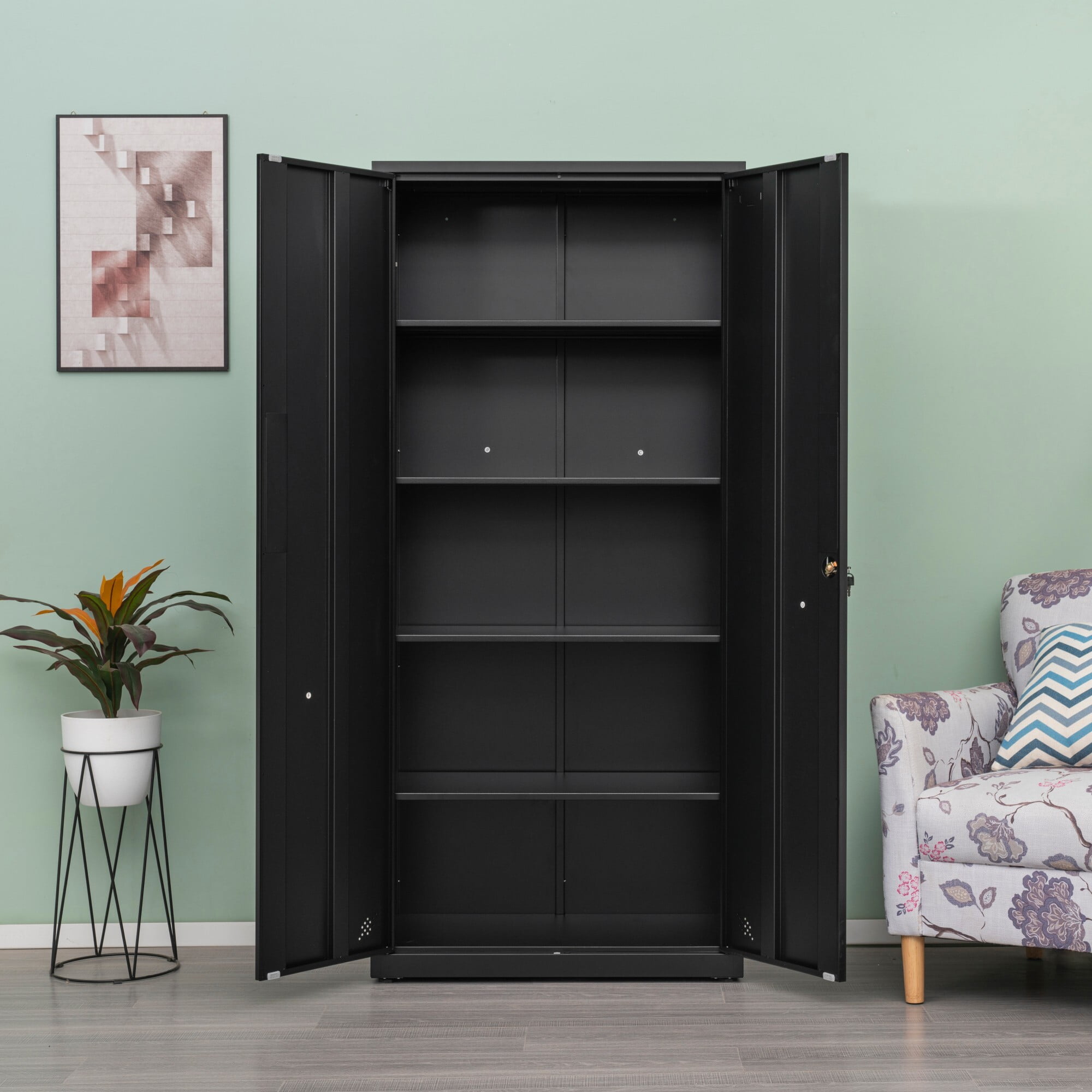 AENKYO 68.9" Heavy Duty Metal Storage Cabinet with Adjustable Shelves & Lock, Steel Locker for Home and Office, Black