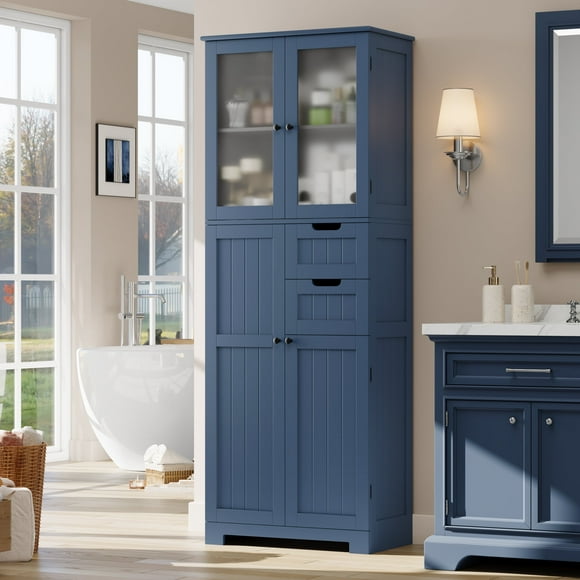 Homfa Armoire de Salle de Bain de 67 Pouces, Armoire à Linge avec Portes et Tiroirs Amovibles, Armoire de Cuisine, Bleu