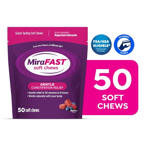 MiraFAST Soft Chews, Gentle Constipation Relief for Kids & Adults, Fast Acting Laxative, Mixed Berry Flavor, 50 Ct