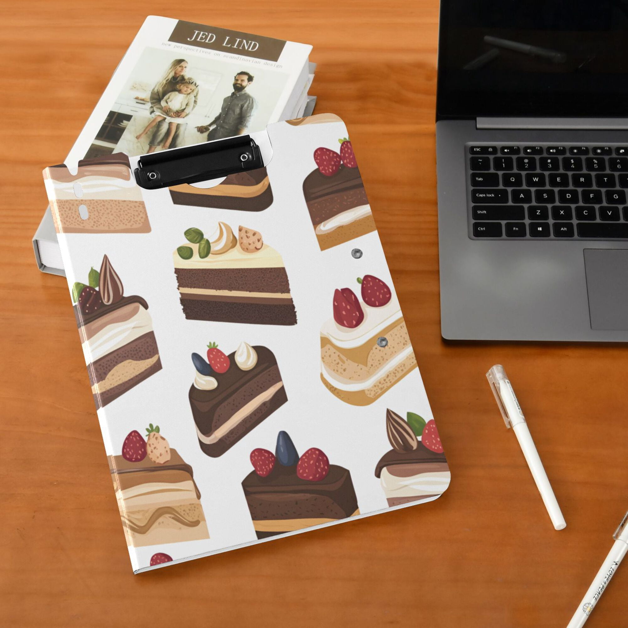 FORMRS A4 Clipboard Folder with Pen Holder Horizontal Foldable School Office Binder, White Cakes Pattern
