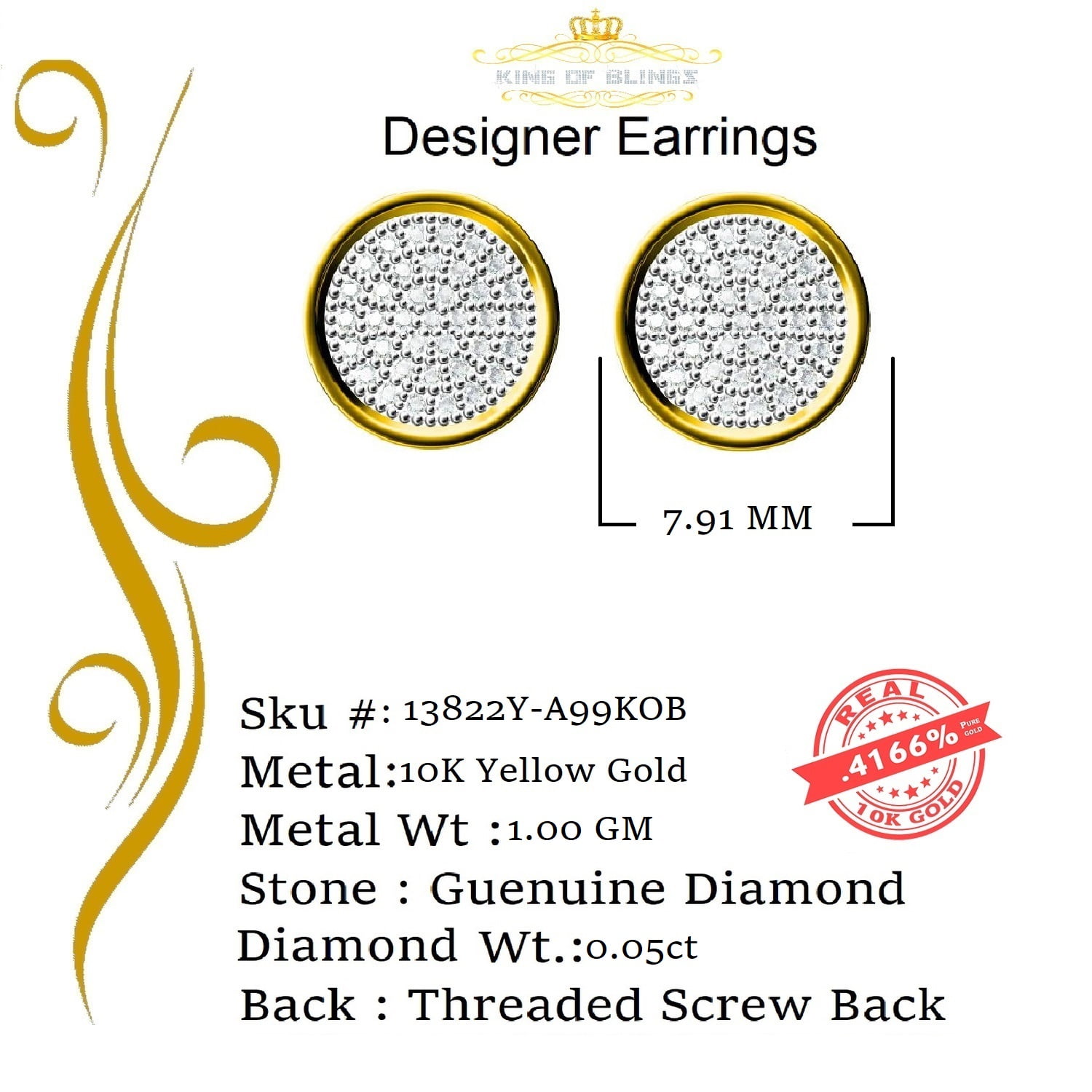 King of Bling's 10K Real Yellow Gold with Real 0.15ct mens & womes Diamonds Round Stud Earrings