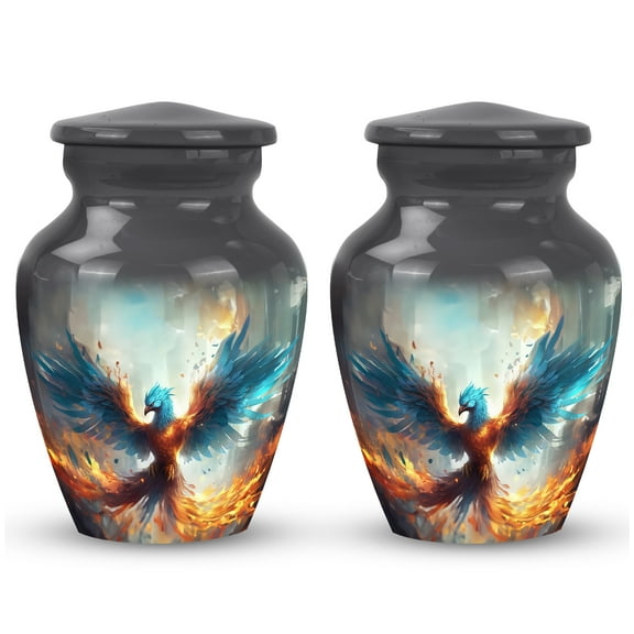 Unique Yellow And Blue Phoenix Spreading Wings Urns For Human Ashes - Little Cremation Keepsakes - Tiny Cremation Urn Human Ashes - Small Memorial Ashes Urn - Mini Urn Size- 3Inch Set Of 2