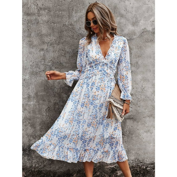 Women's Floral Boho Dress Fall Long Sleeve Wrap V Neck Ruffle Flowy Maxi Spring Wedding Guest Vacation Dresses