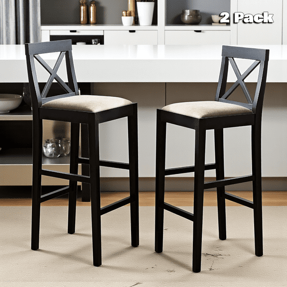 Hassch 2 Pack Wooden Bar Stools, Vintage Dining Barchairs with Padded Seat, Backrest and Footrest for Dining Room or Kitchen Island, Black