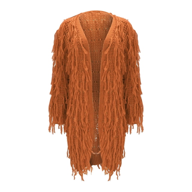 IMENGL cardigan à Franges en Tricot Torsadé pour Femmes, Brun G, Taille M-2TG