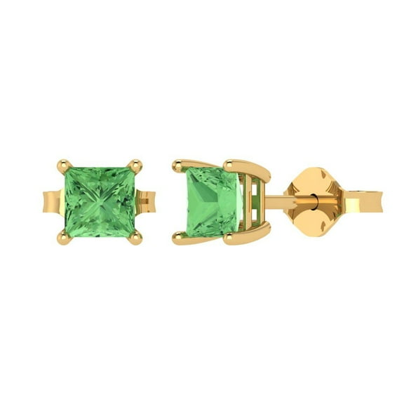 2 ct Push-Back Stud Earrings for Women | 5.5mm Princess Cut Simulated Green Diamond | 18K Yellow Gold