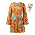 thumbnail image 1 of Costume Hippie des Années 70, Robe de Festival, Foulard + Robe Imprimée, Ensemble Deux Pièces, Robe Chandail pour Femmes, Orange TTG, 1 of 7