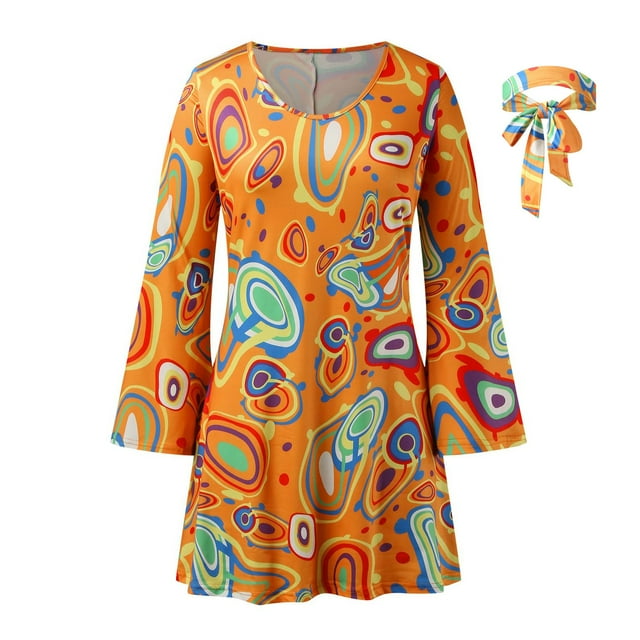 Costume Hippie des Années 70, Robe de Festival, Foulard + Robe Imprimée, Ensemble Deux Pièces, Robe Chandail pour Femmes, Orange TTG