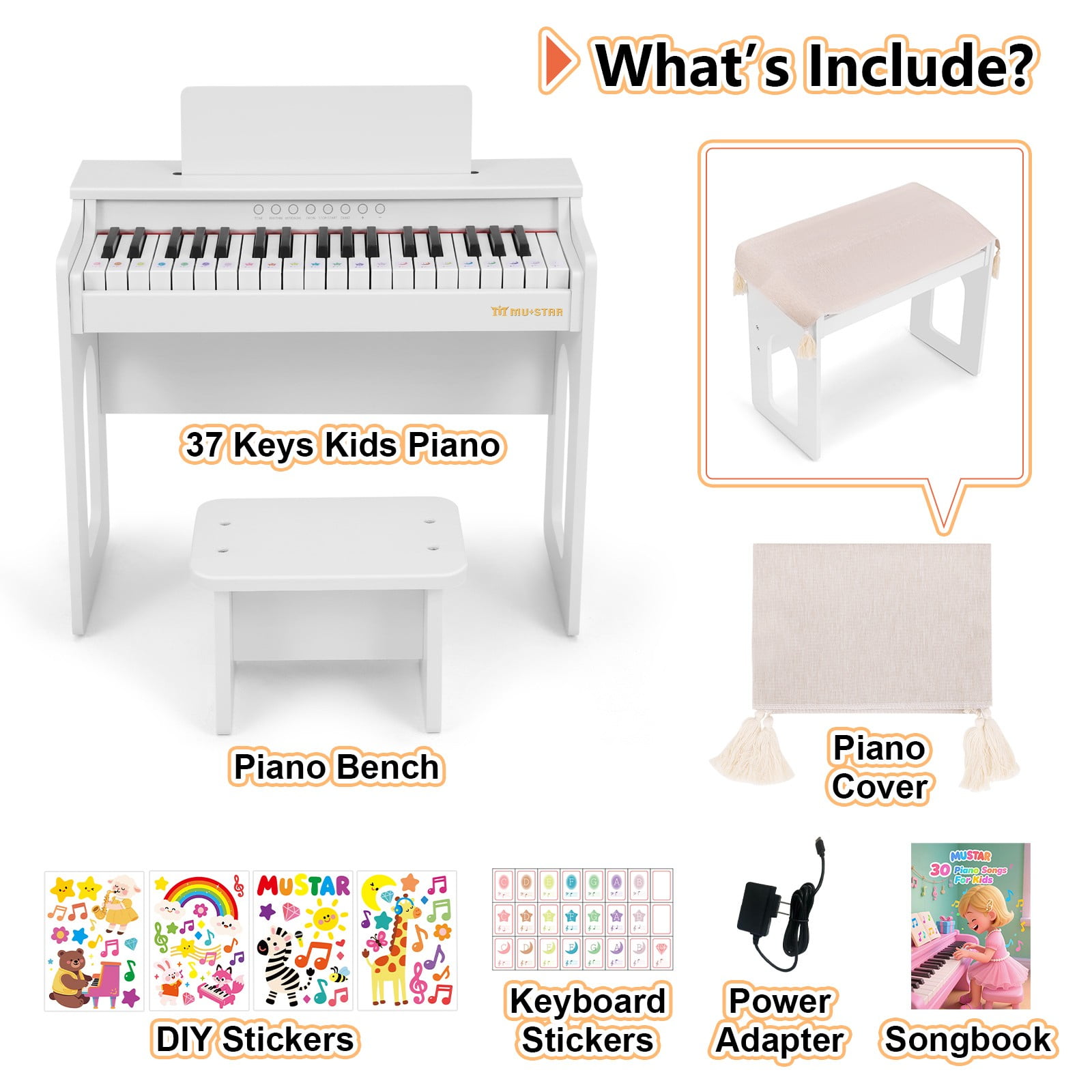 Mustar 37 Keys Kids Wooden Electronic Digital Piano Keyboard with Stool, Songbook, DIY Stickers (White)