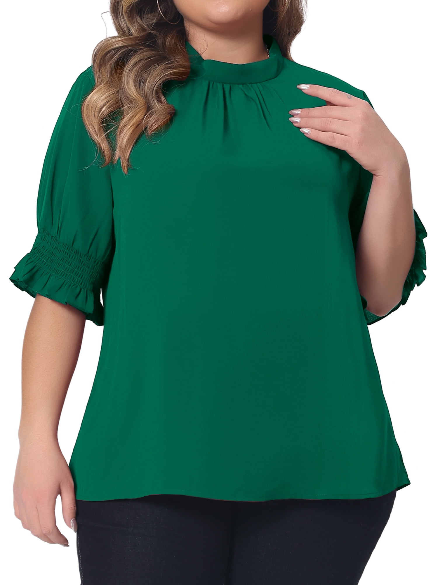 DARING DIVA Women's Plus Office Pleated Short Puff Sleeves Mock Neck Top 2X Green