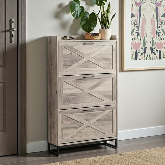 Hassch Shoe Storage Cabinet with 3 Flip Drawers, Raised Top Edges and Metal Base, 55.31"H Freestanding Hidden Shoe Organizer, Slim Narrow Shoe Rack Cabinet for Entryway, Washed Gray