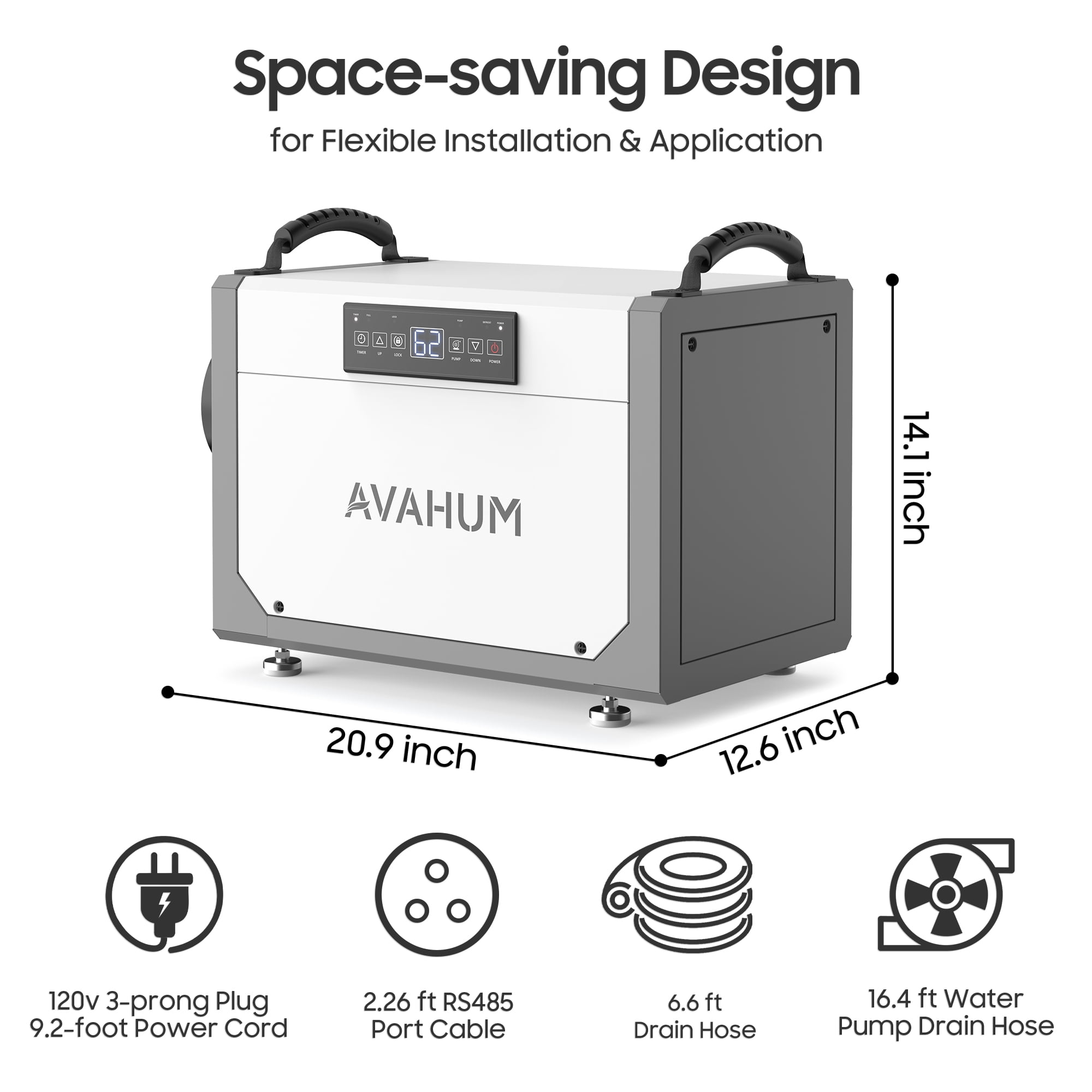 AVAHUM 113 Pints Commercial Dehumidifier with Pump for 880 sq. ft. Crawl Space, Basement and Job Sites