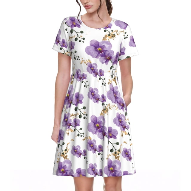 Fotbe Orchids Flowers Vestido Largo de Moda para Mujer, Vestido Tipo Camiseta con Manga Corta y Estilo Casual a Rayas y Bloques de Color