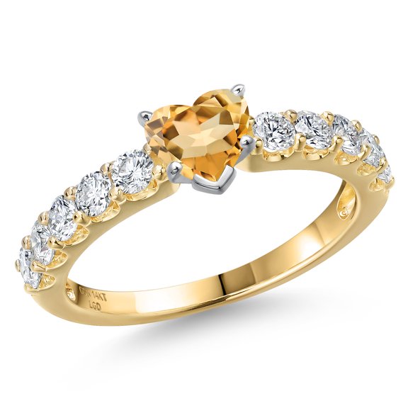 Gem Stone King 14K Two Tone Gold Yellow Citrine and Lab Grown Diamond Engagement Ring for Women | 1.11 Cttw | Heart Shape 5MM | Gemstone November Birthstone | Size 8