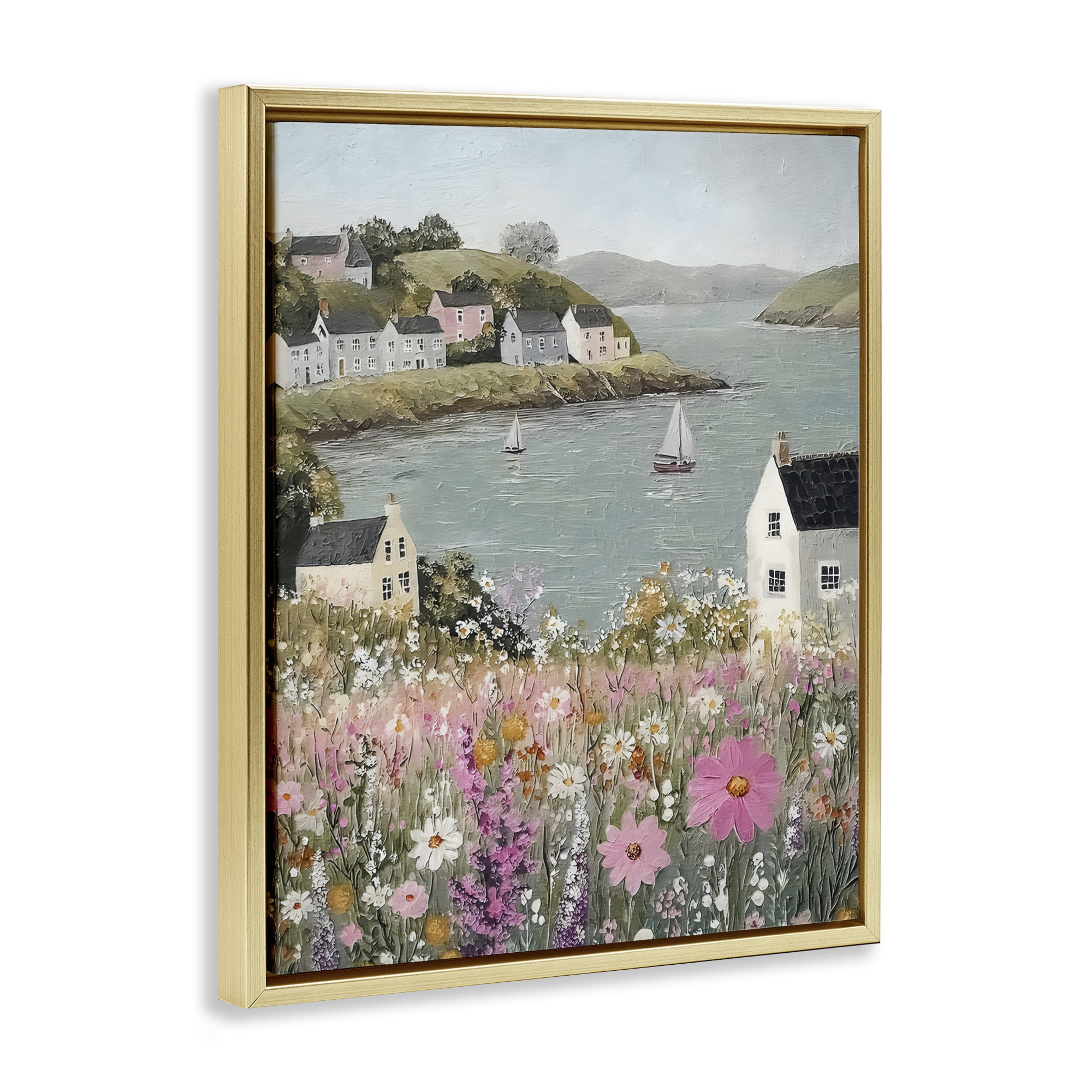 Stupell Industries Seaside Cottages & Sailboats Gold Framed Floater Canvas Wall Art, design by Riley B