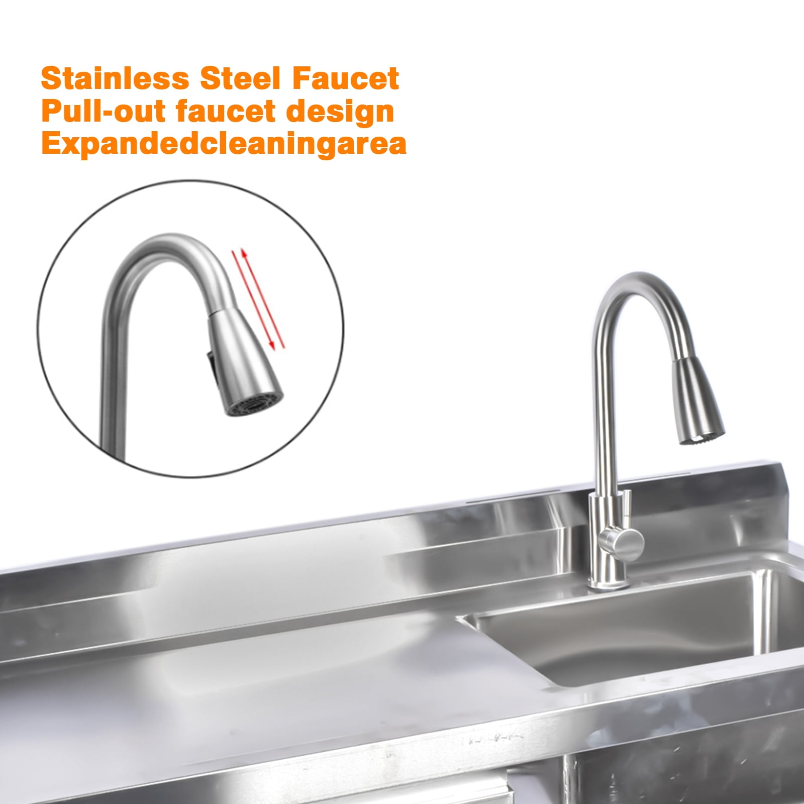 GELUOXI 39.3*19.6 in Stainless Steel Utility Sink, single bowl with right drainboard, pull-out faucet, hot/cold pipes, drawer, for indoor/outdoor use in kitchens, laundry rooms, or farmhouses