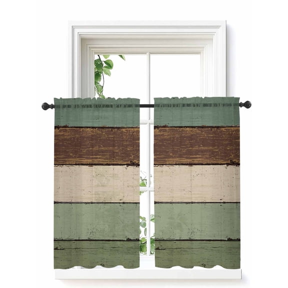 Green Brown Curtains 54 Inch Length, Sheer Curtains for Bedroom Living Room Window Country Wood Grain Abstract Stripe Rod Pocket Voile Drapes Kitchen Curtains Small Half Window 42"x54" 2 Panels