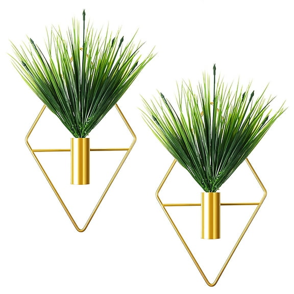 2Pcs Triangle and Rhombus Shapes Metal Hanging Planters Vase with Artificial Aquatic Plants Geometric Wall Decor Indoor Plants Holder for Home Living Room Porch Office(2PCS, Gold)