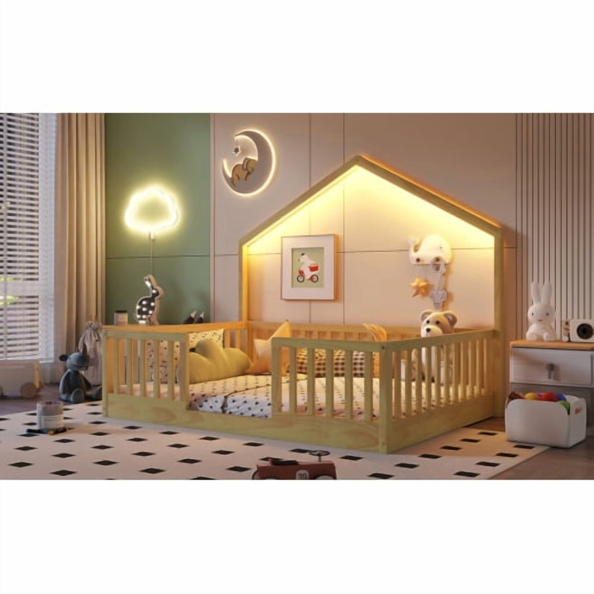 Full Size Montessori Kids Floor Bed with House Frame, LED Strip Light & High Safety Guardrails, Pine Wood Low Platform Bed Frame No Box Spring Needed, Max 300 LBS for Boys Girls