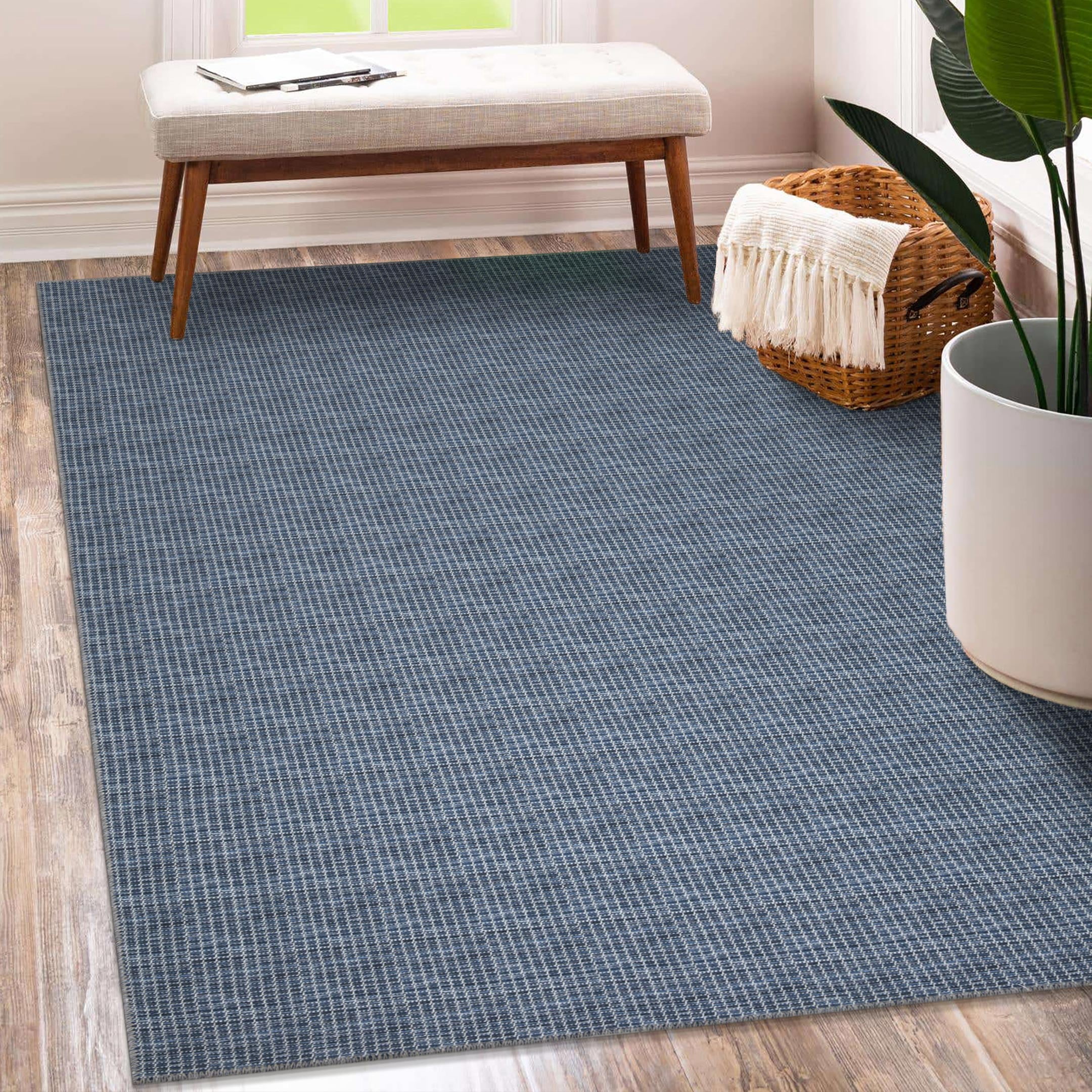Ottomanson Machine Washable Cotton 5x7 Flatweave Area Rug for Living Room, 5' x 7', Navy Wicker Weave