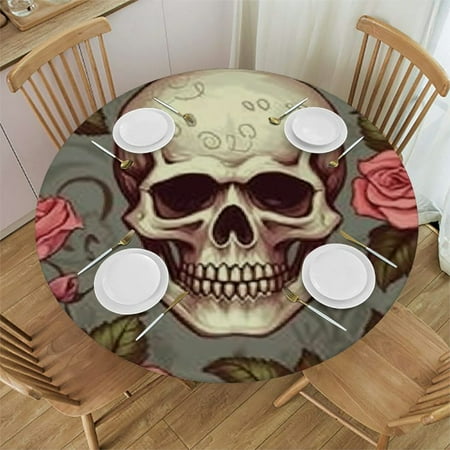 

HAOXIT Rose Flower Skull Bone Polyester Fabric Table Cover Non Slip Table Cloths for Round Tables Dining Birthday Parties Patio Decor 46-50