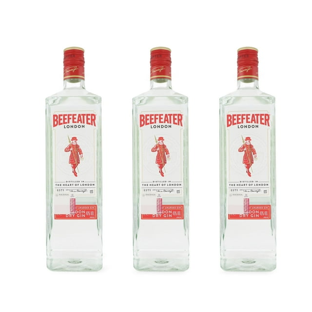 paquete ginebra beefeater 1 l x3 — tres botellas frontales alineadas de Ginebra Beefeater London 1 L con tapa roja y etiqueta blanca con logotipo rojo y figura del Yeoman Warder, botellas cuadradas sobre fondo blanco; ideal para eventos y coctelería.