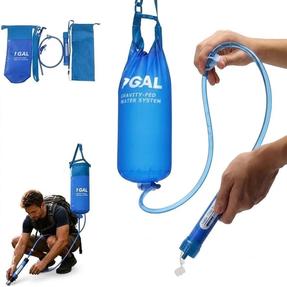 Survival Water Filter Kit, 1 Gallon Gravity Water Filter System, Lightweight Portable Water Purifier, Reusable Survival Gear for Camping, Hiking, Backpacking, Emergency Preparedness