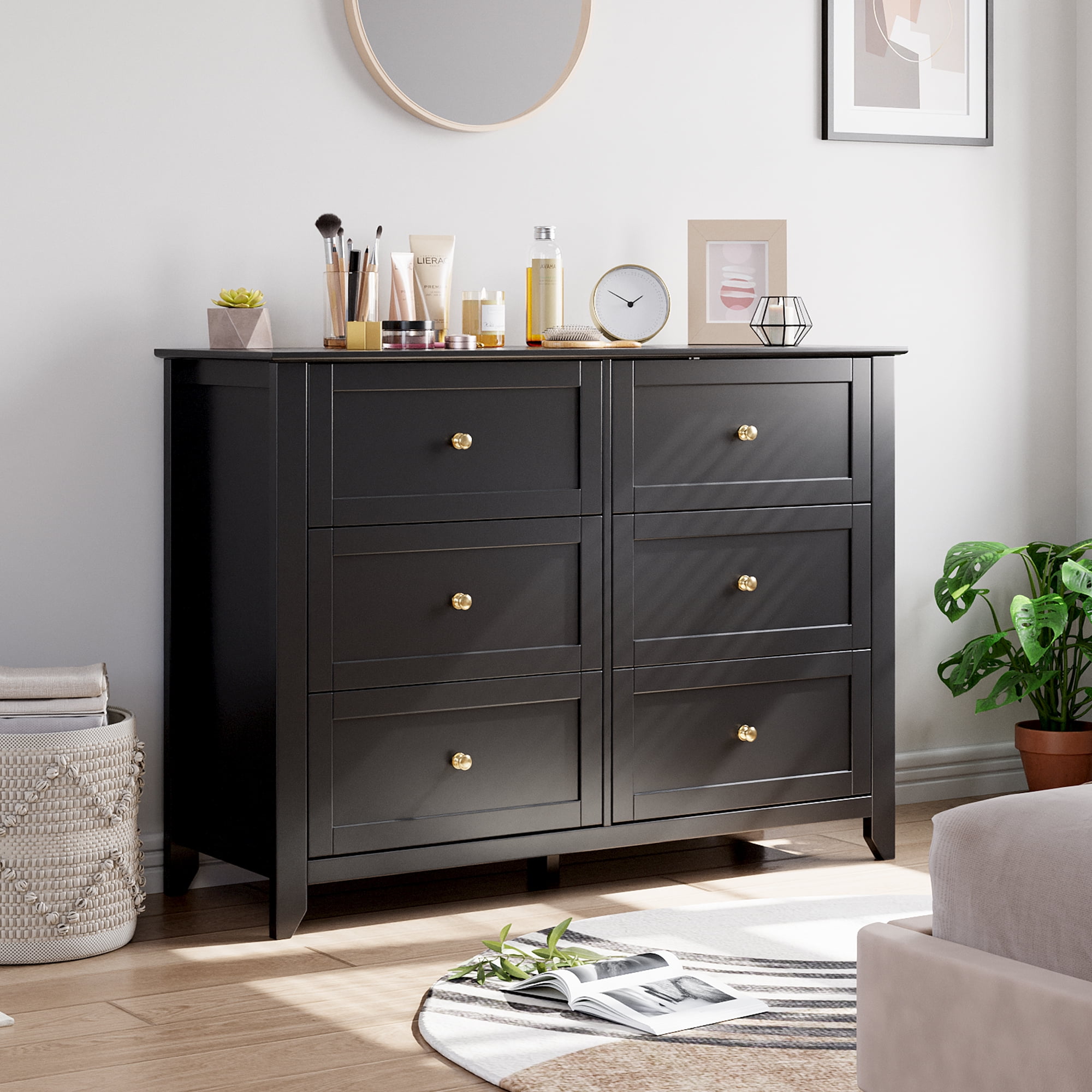BouPower 6 Drawers Dresser,42" Wide Modern Chest of Drawers,Farmhouse Dresser TV Stand Storage Cabinet,Wood Drawer Organizer for Bedroom,Living Room,Hallway