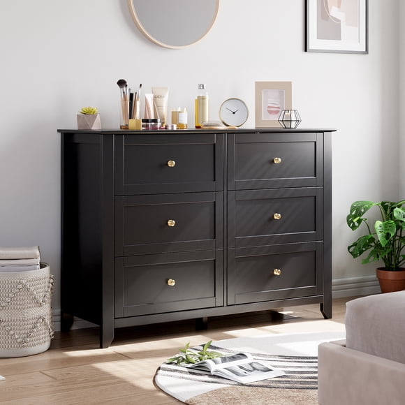 42 Inch 6 Drawer Dresser with Round Metal Knobs, Farmhouse Wood Storage Chest Cabinet with Deep Drawers, Tall Organizer for Bedroom Living Room Closet Hallway, Black White Gray