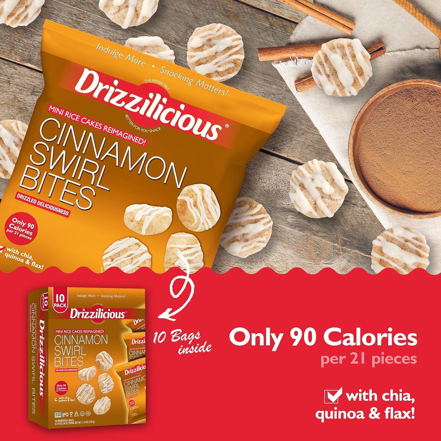 Drizzilicious Mini Rice Cakes, Cinnamon Swirl Flavored Rice Cake Gluten Free Snacks, Rice Crisps 10-Pack