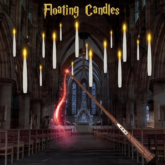 12PCS Floating Candles with Wand,Magic Hanging Candles,Flameless Floating LED Candle with Wand Remote Flickering Warm Light,for Theme Party Halloween Decorations Children's Day Birthday Gift