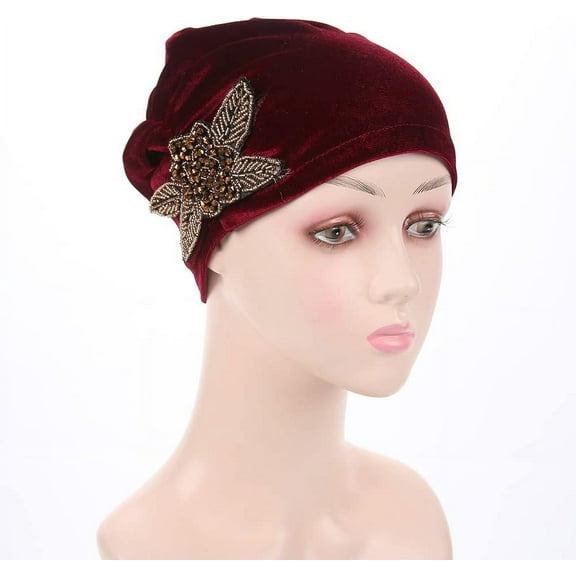 Women's Stretch Velvet Turban Hat Cancer Chemo Beanie Beaded Flower Hair Wrap Cap Headwear