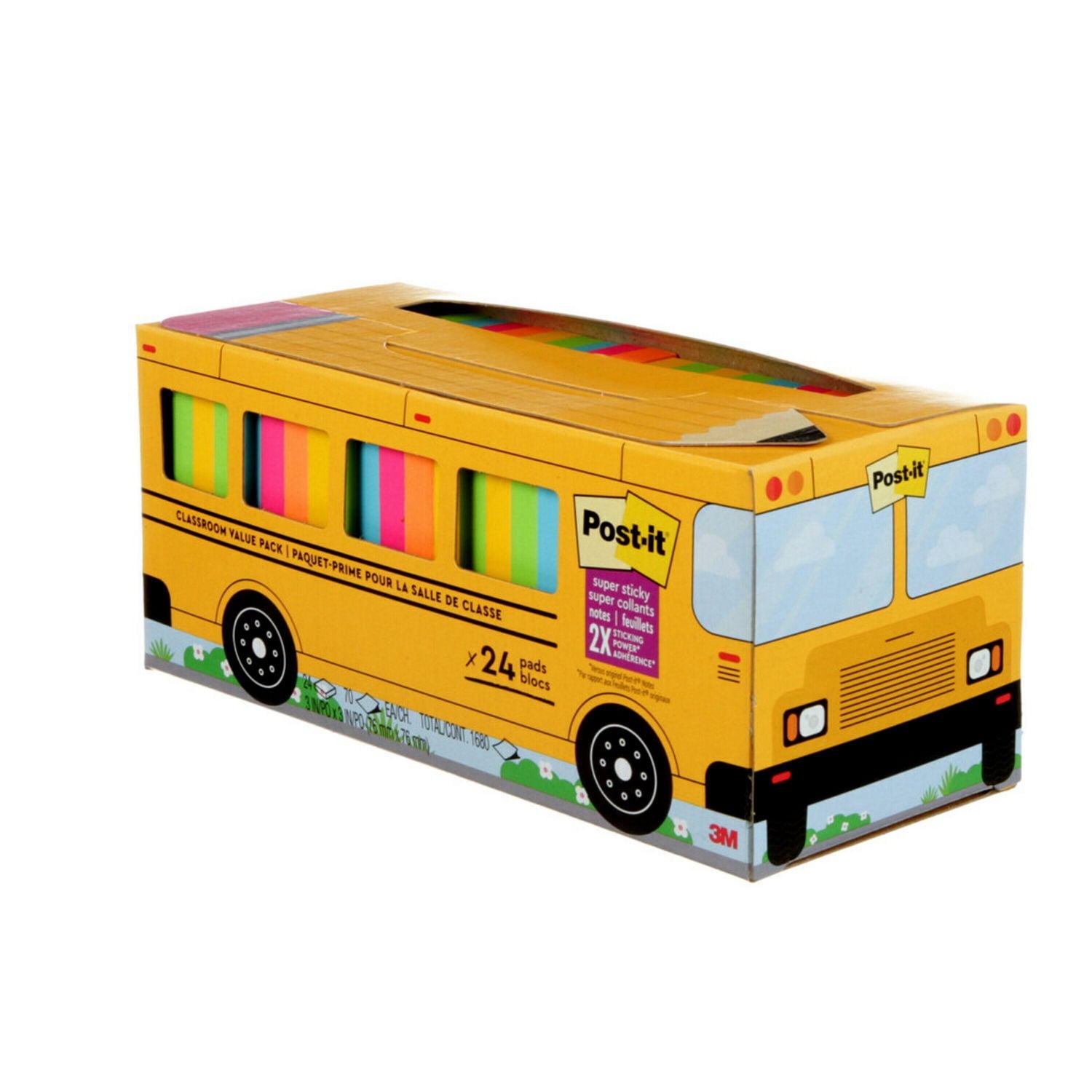 Feuillets super collants Post-it® 654-24SSBUS, paquet-prime pour la salle de classe, 3 po x 3 po (76 mm x 76 mm), 24 blocs/paquet, 70 feuillets/bloc